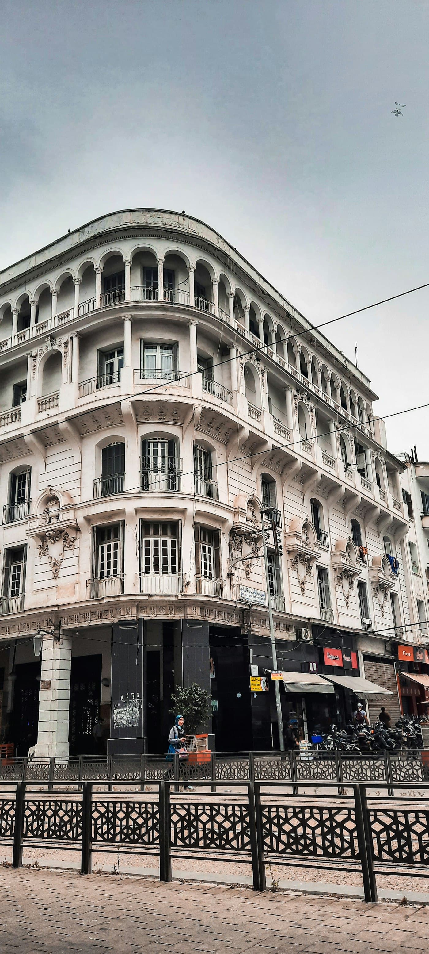 Art Deco apartment building with zellige-patterned railings in central Casablanca